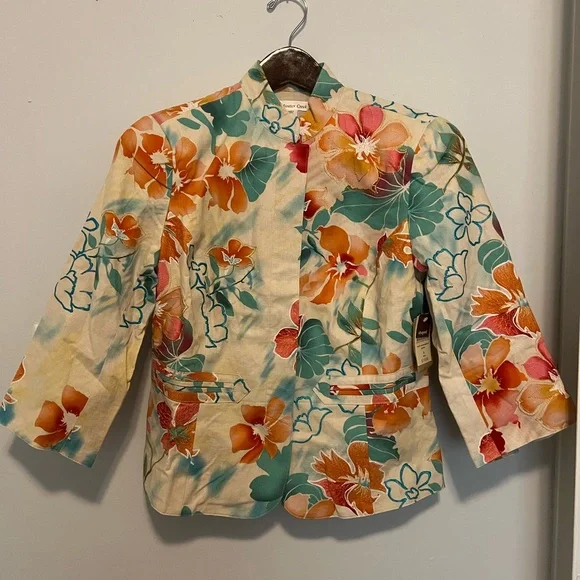 Floral Tropical Blazer Jacket Lightweight 3/4 Sleeve Spring Summer - Picture 2 of 4